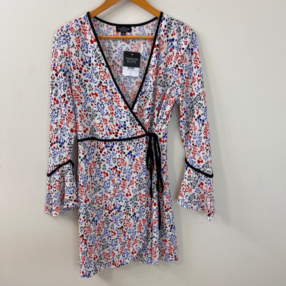 Topshop Petite Floral Plisse Wrap Mini Dress White Red Blue Bell Sleeve US 8 NEW